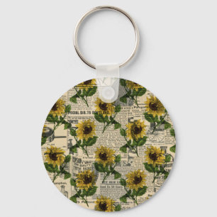 Vintage Sunflower Green Leaves Newspaper Rustic Key Ring