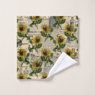 Vintage Sunflower Green Leaves Newspaper Rustic Wash Cloth