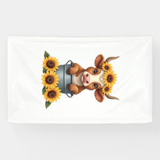 Vintage Sunflower Highland Cow in Bucket Floral Fa Banner