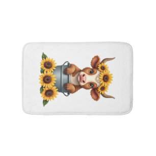 Vintage Sunflower Highland Cow in Bucket Floral Fa Bath Mat