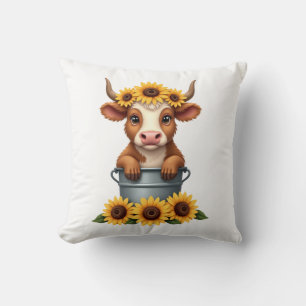 Vintage Sunflower Highland Cow in Bucket Floral Fa Cushion