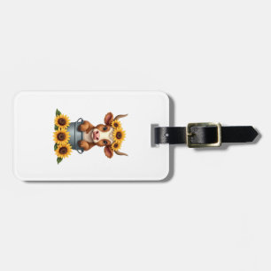 Vintage Sunflower Highland Cow in Bucket Floral Fa Luggage Tag