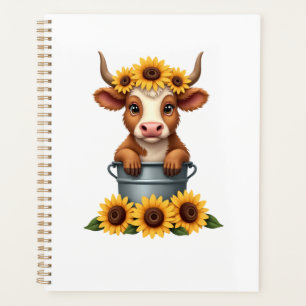 Vintage Sunflower Highland Cow in Bucket Floral Fa Planner