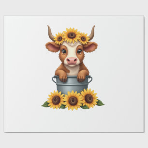 Vintage Sunflower Highland Cow in Bucket Floral Fa Wrapping Paper