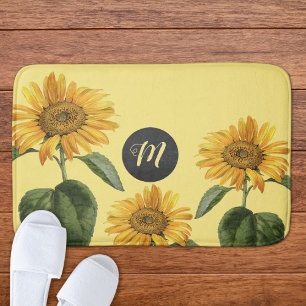Vintage Sunflower Illustration Initial Bath Mat