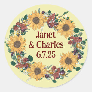 Vintage Sunflower & Olives Wedding Floral Wreath  Classic Round Sticker