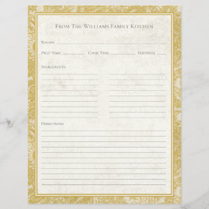 Vintage Sunflower Toile Gold Recipe Paper Sheet