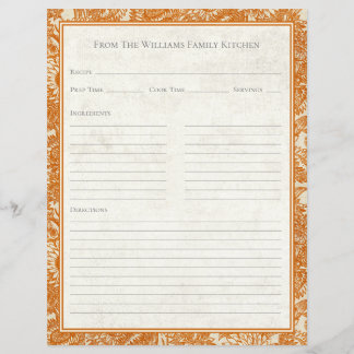 Vintage Sunflower Toile Orange Recipe Paper Sheet