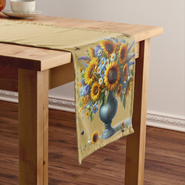 Vintage Sunflower Urn on Gold Table Runner (In Situ)