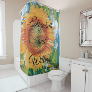 Vintage Sunflower Watercolor Green Blue Background Shower Curtain
