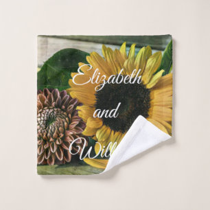 Vintage Sunflower Watercolor on a Wooden Table   Wash Cloth