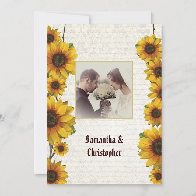 vintage sunflower wedding photo invitation (Back)