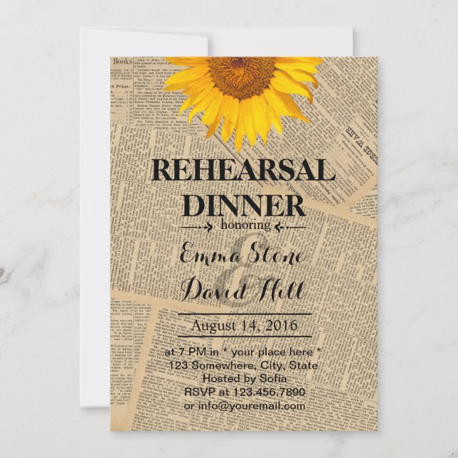Vintage Sunflower Wedding Rehearsal Dinner Invitation (Front)