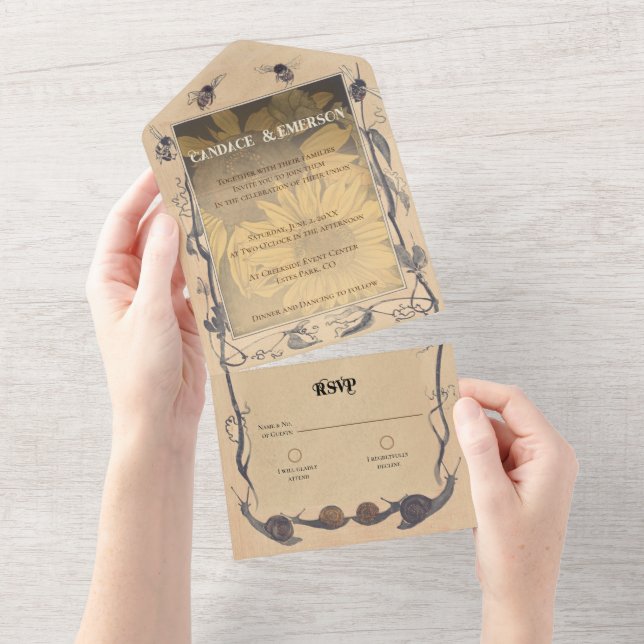 Vintage Sunflower Whimsy All in One Wedding Invite (Tearaway)