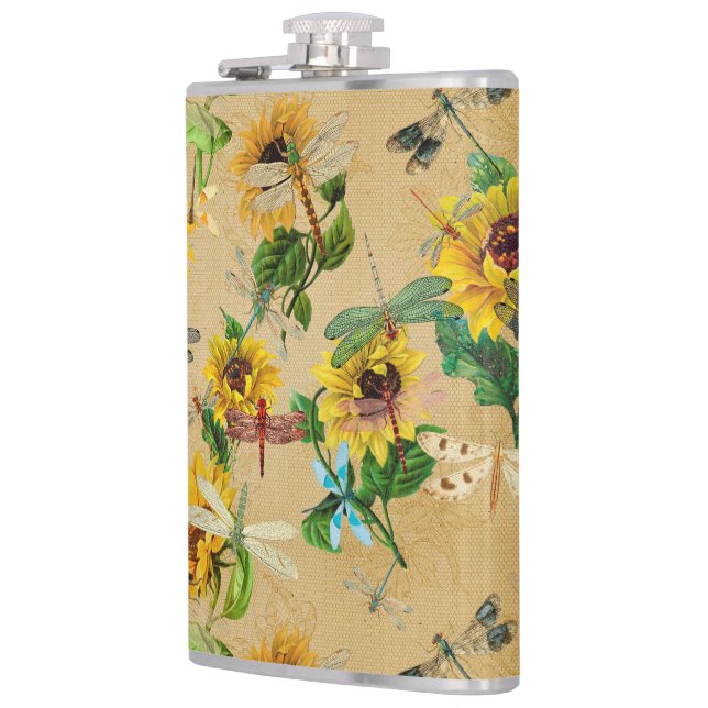 Vintage Sunflowers and Dragonflies  Hip Flask (Left)