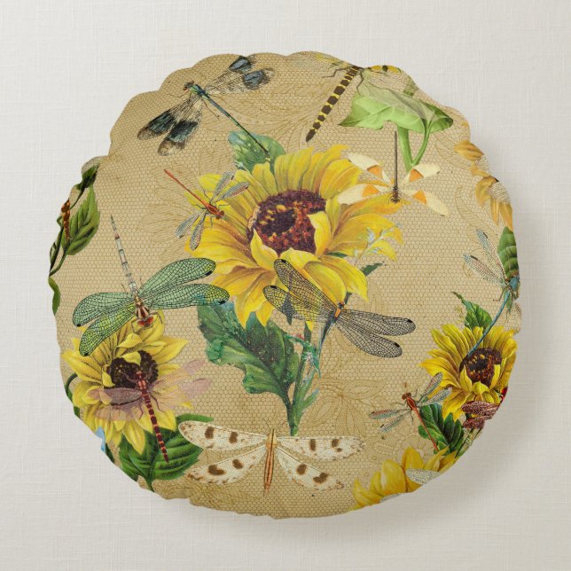 Vintage Sunflowers and Dragonflies  Round Cushion (Front)