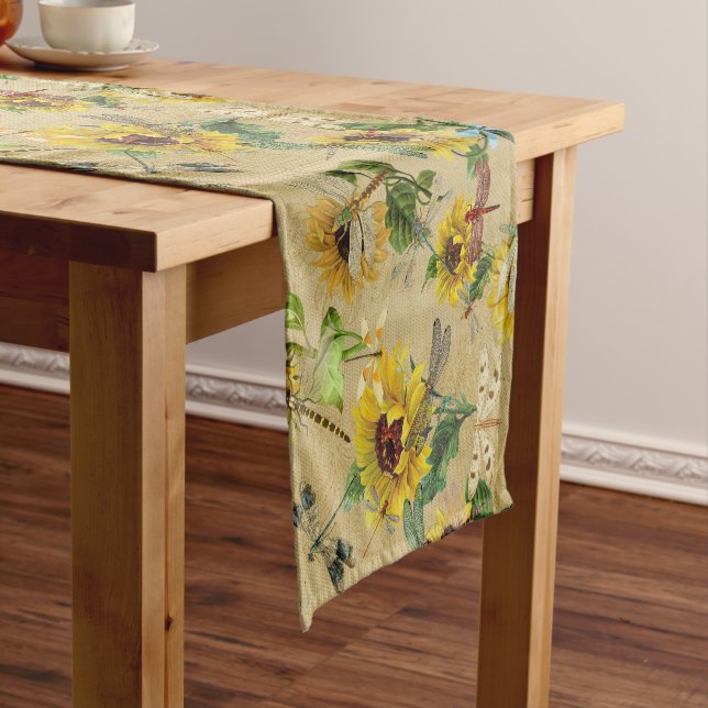 Vintage Sunflowers and Dragonflies  Short Table Runner (In Situ)