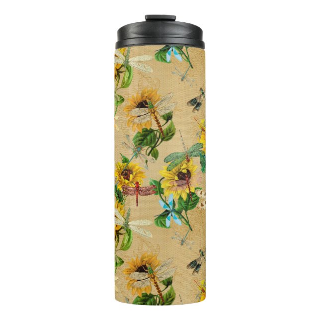 Vintage Sunflowers and Dragonflies  Thermal Tumbler (Front)