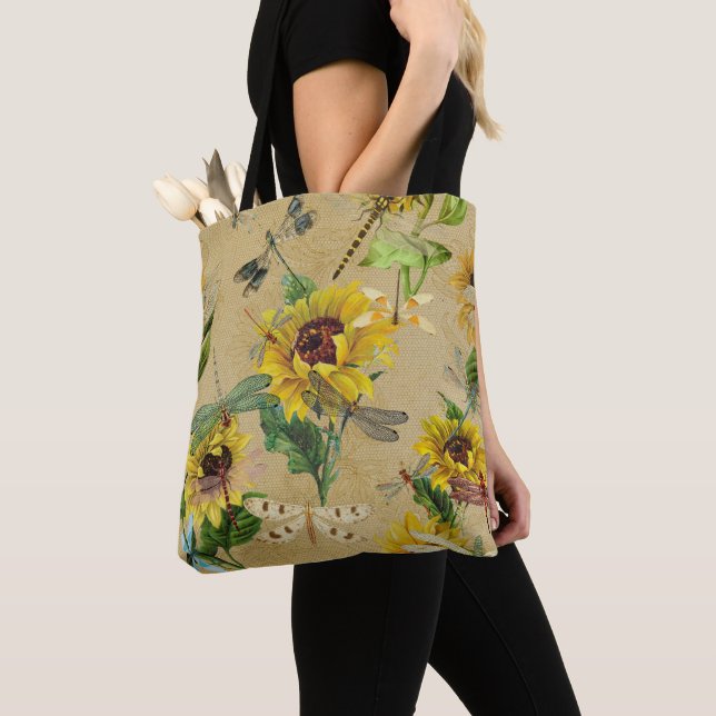 Vintage Sunflowers and Dragonflies  Tote Bag (Close Up)