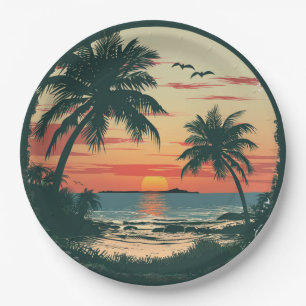 Vintage Sunset Beach Tropical Party Celebration Paper Plate