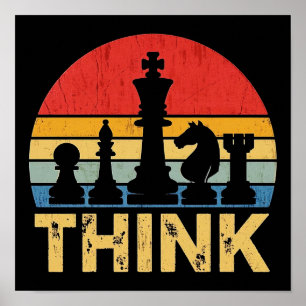 Vintage Sunset Chess Artwork – Inspiring "Think" Poster