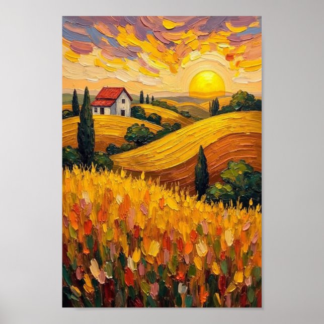 Vintage Sunset Farm Fields Landscape Poster (Front)