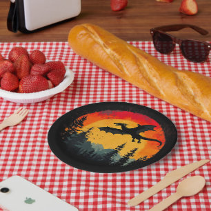 Vintage Sunset Forest Dragon Paper Plate