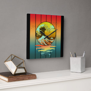 Vintage Sunset Japanese Kanagawa Wave Ocean Square Wall Clock