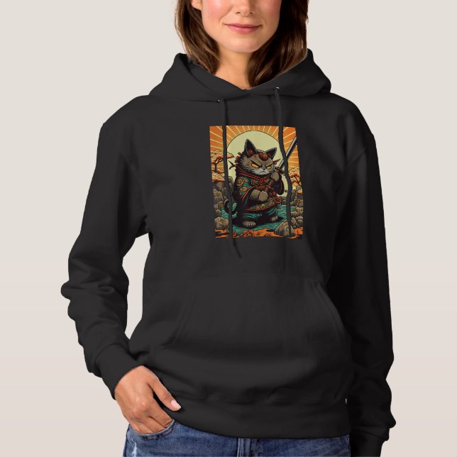 Vintage Sunset Japanese Samurai Kitten Kitty Cat Hoodie (Front)