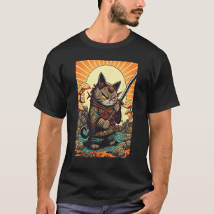 Vintage Sunset Japanese Samurai Kitten Kitty Cat T-Shirt