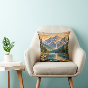 Vintage Sunset Mountain River Forest Landscape Cushion