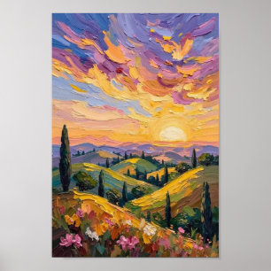 Vintage Sunset Over Hills Landscape Art Poster