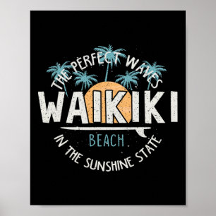 Vintage Sunset Palm Tree Waikiki Hawaii Surfing Va Poster