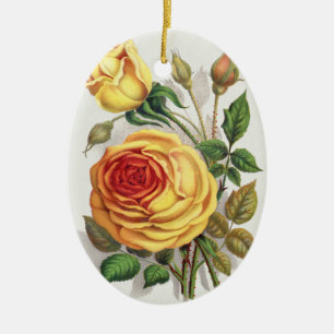 Vintage Sunset Rose Yellow & Orange Botanical Art Ceramic Ornament