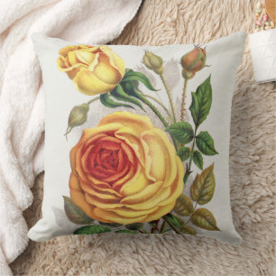 Vintage Sunset Rose Yellow & Orange Botanical Art Cushion