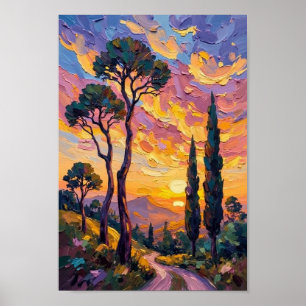 Vintage Sunset Silhouette Countryside Art Poster
