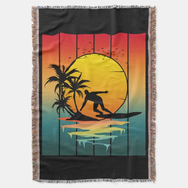 Vintage Sunset Surfing Surfer Ocean Surf Throw Blanket (Front Vertical)