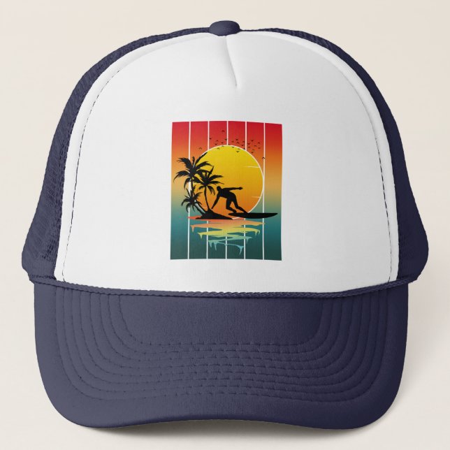 Vintage Sunset Surfing Surfer Ocean Surf Trucker Hat (Front)