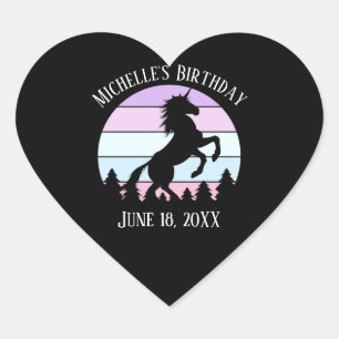 Vintage Sunset Unicorn Rearing Name Date Birthday Heart Sticker