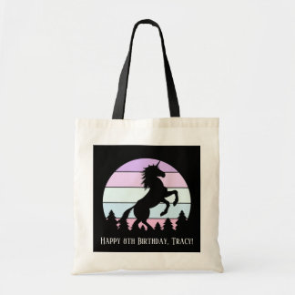 Vintage Sunset Unicorn Rearing Name Date Birthday Tote Bag