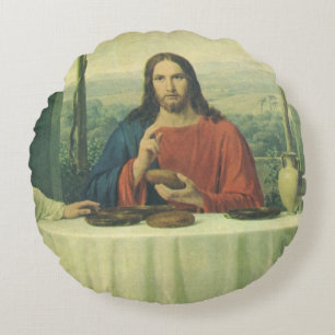 Vintage Supper At Emmaus with Jesus Christ Round Cushion
