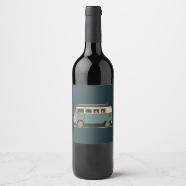 Vintage Surf Van – Retro Camper Design Wine Label (Front)