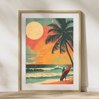 Vintage Surfer in Summer Sunset Retro Poster