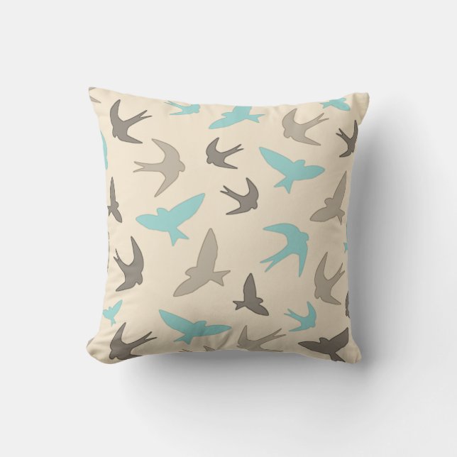 Vintage Swallow Birds Pattern Brown Beige Blue Cushion (Front)