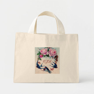 vintage swallows and roses on cyan mini tote bag