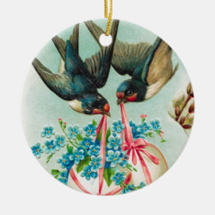 Vintage Swallows Couple and Floral Easter Eggs Ceramic Ornament