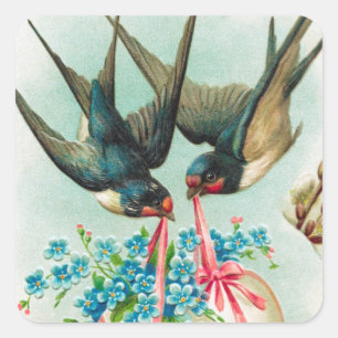 Vintage Swallows Couple and Floral Easter Eggs Square Sticker