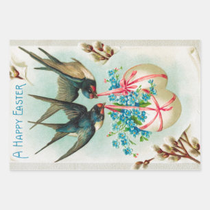 Vintage Swallows Couple and Floral Easter Eggs Wrapping Paper Sheet