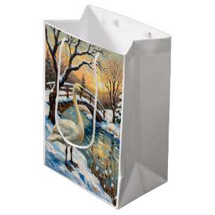 Vintage Swan by Snowy Bridge Christmas Painting Medium Gift Bag