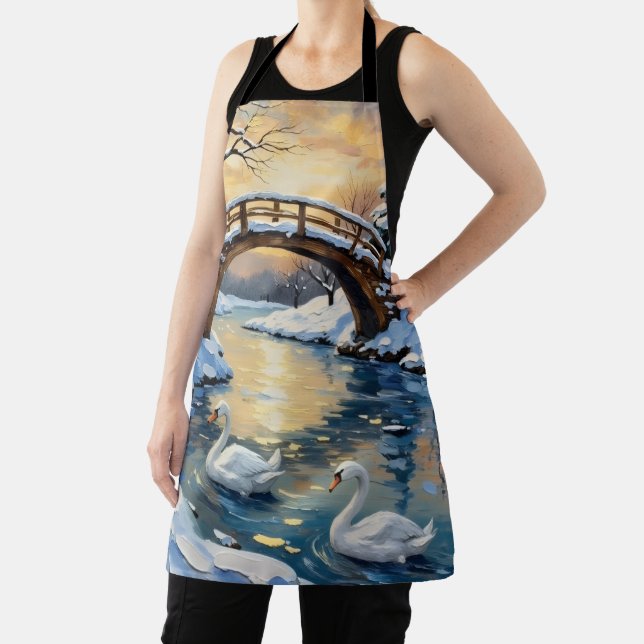 Vintage Swan Family Under Snowy Bridge Painting Apron (Insitu)